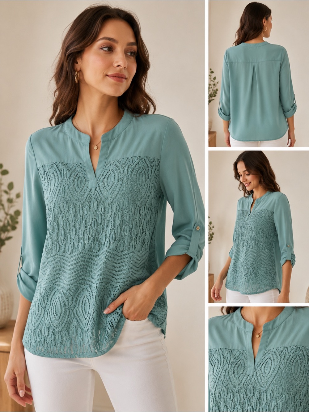 Seafoam Lace Tunic Blouse | Coastalโ Resort Boutique Top | Romantic Boho Crochet